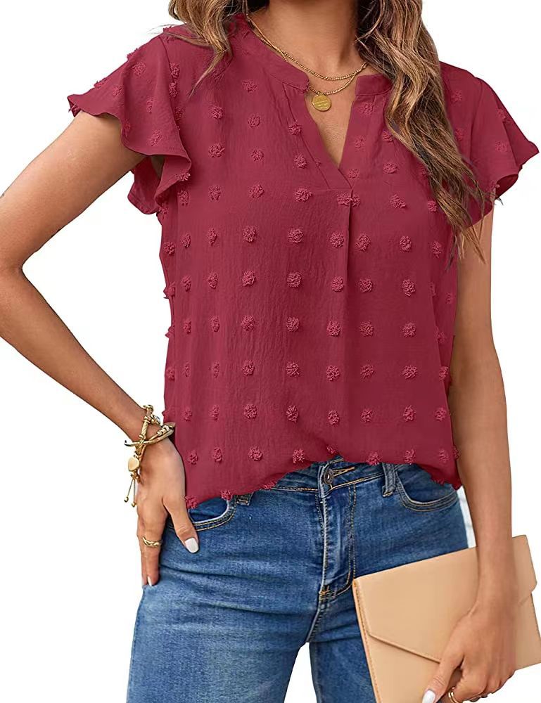 Damen Sommer V-Ausschnitt Rüschen Kurzarm Bluse Dot Flowy Shirt Top