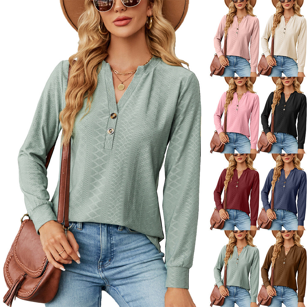 Women's Solid Color And V-neck Button Jacquard Loose Long Sleeve Top