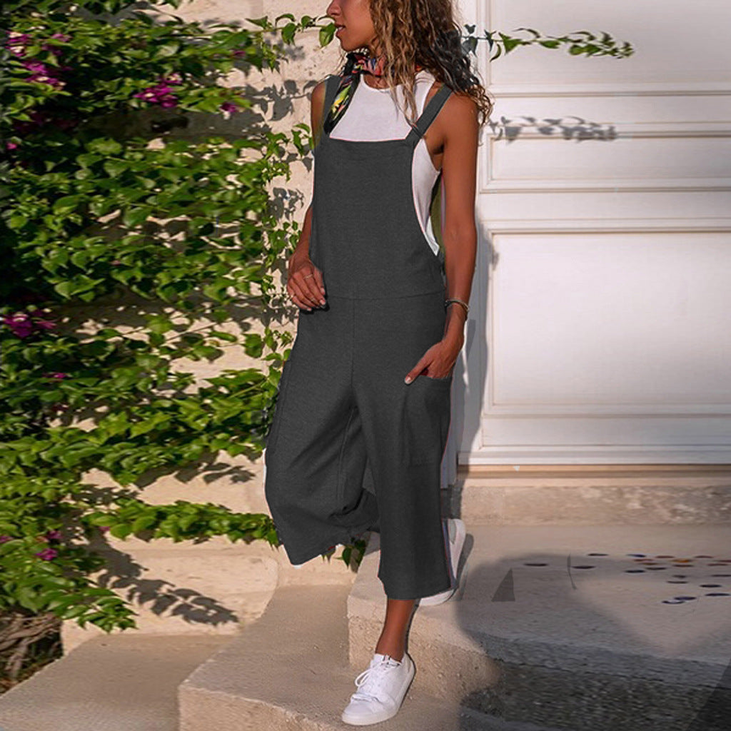 Damen lässiger Jumpsuit aus Baumwolle und Leinen mit langem breiten Bein