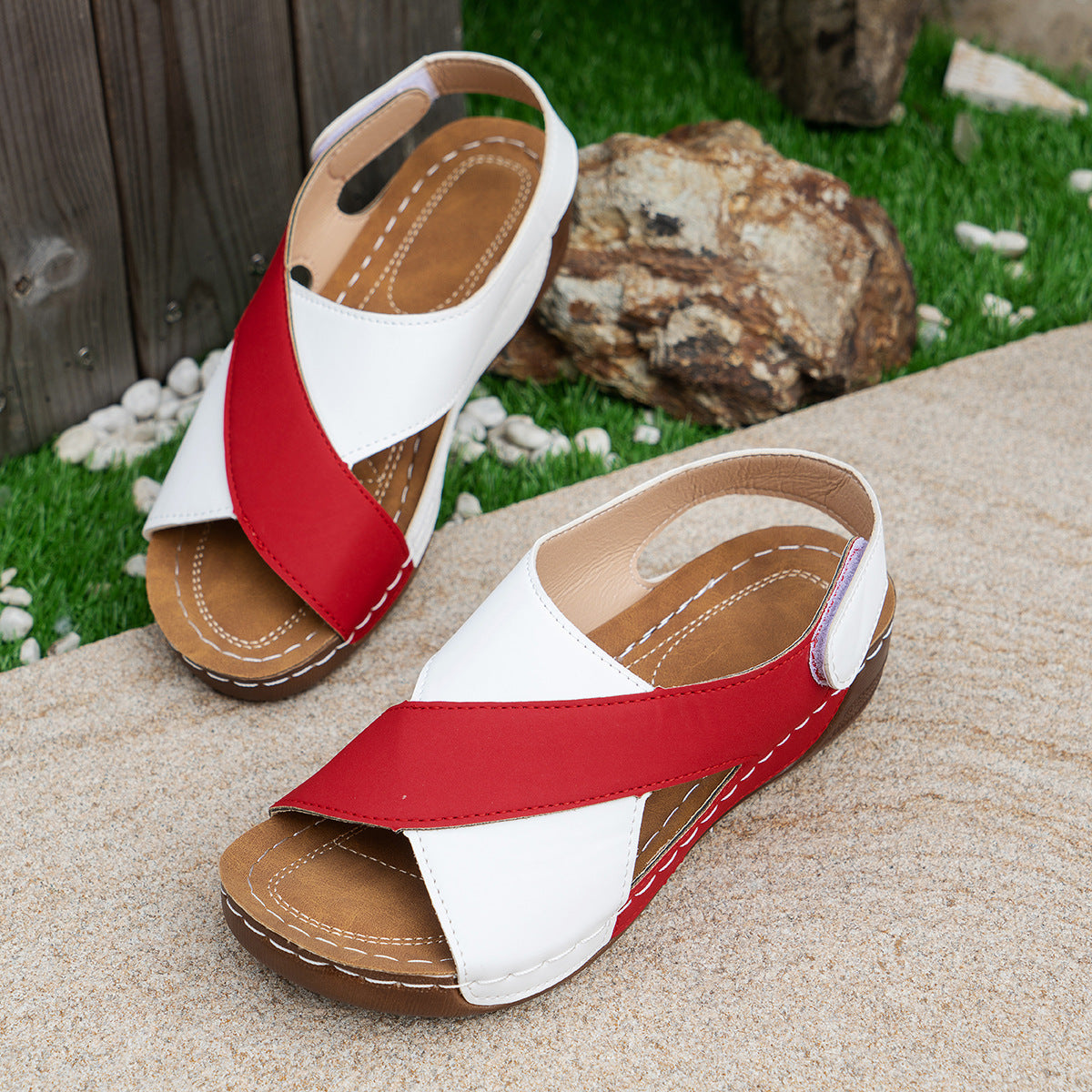 Women's summer wedge sandals with color block cross-strap design casual with thick soles