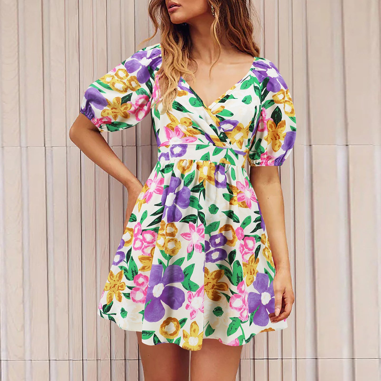 Women floral print V-neck lantern sleeve dress Y2K summer beachwear