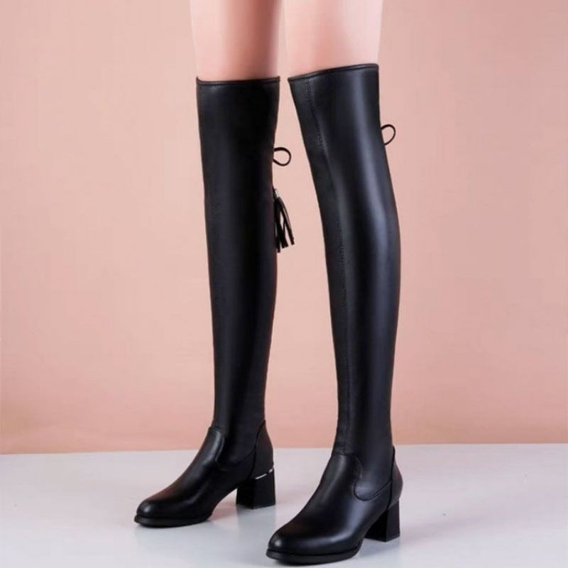 Women's rubber thigh boots, round toe