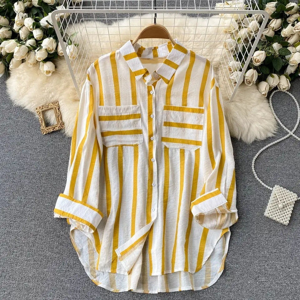 Women's Mid-length Vertical Stripes Multi-color Shirt Coat Casual Loose Top