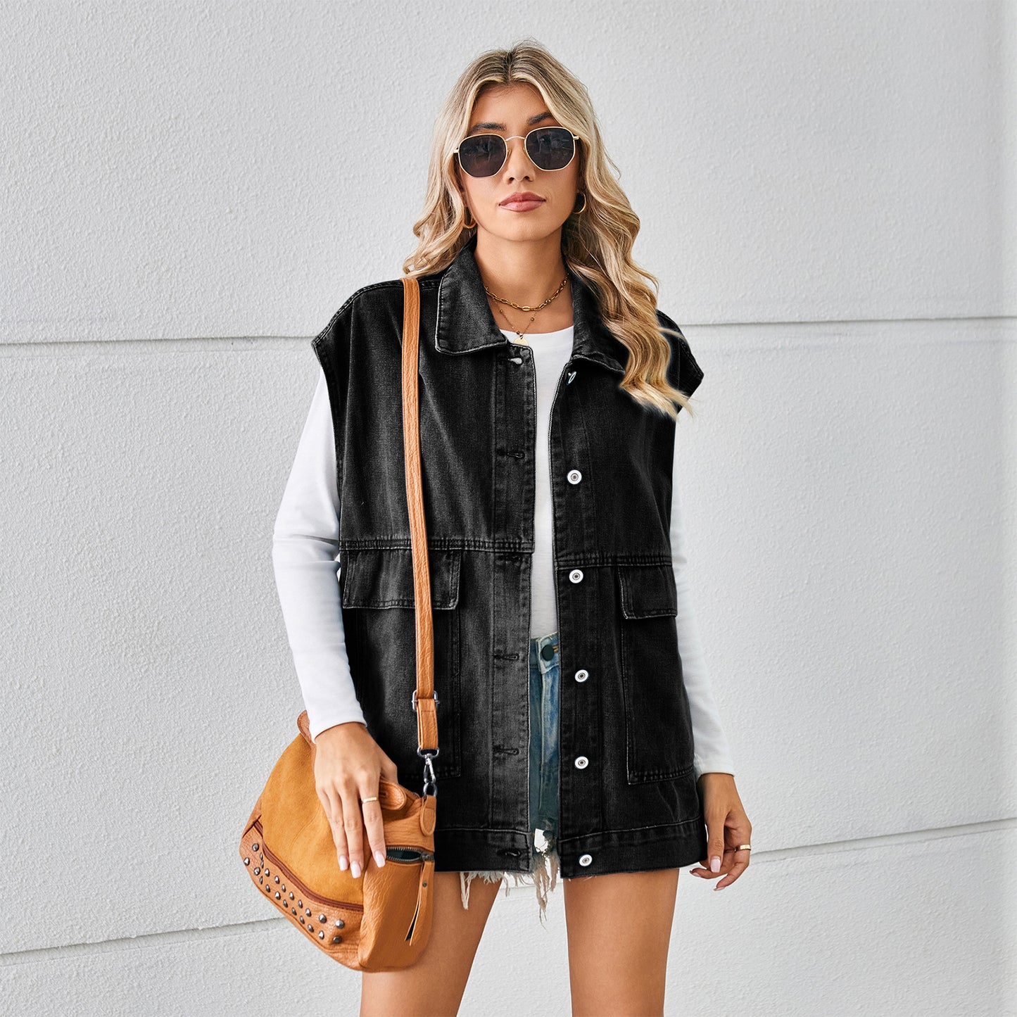 Women's Denim Vest With Big Pockets Fashion Sleeveless Outwear Vest