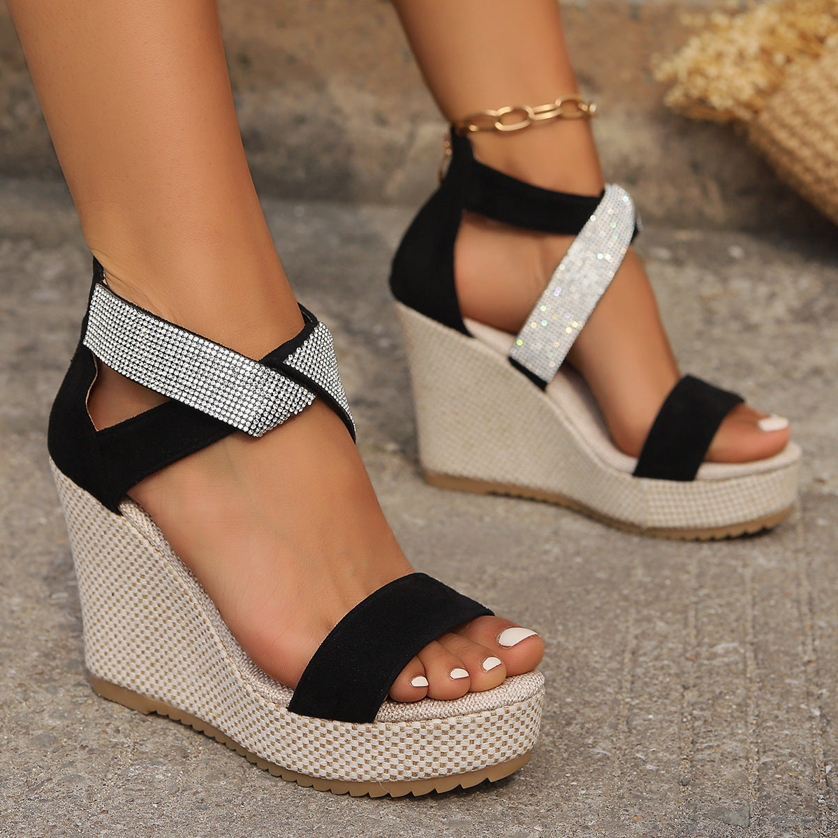 Women Fish Mouth High Wedges Sandals With Rhinestone Design Fashion Summer Platform Shoesn