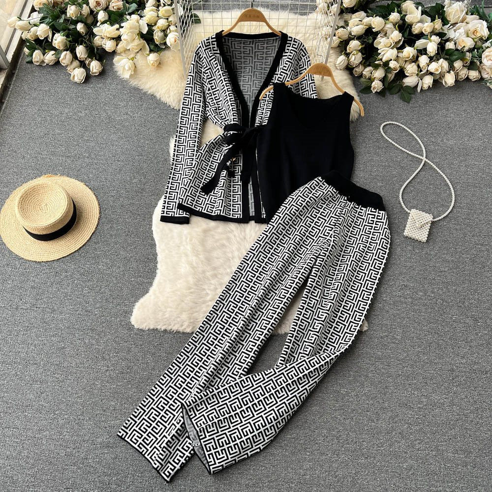 Women's Casual Suit Women's Inverness V-Neck Base Knitwear Wide Leg Trousers Three Piece Suit