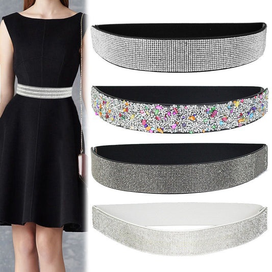 Women's elastic belt with rhinestones, flashing like diamonds