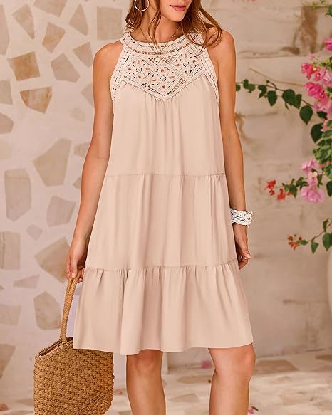 Women Summer A-Line Dress with Floral hollow lace design, Casual loose Vacation Beach Dress