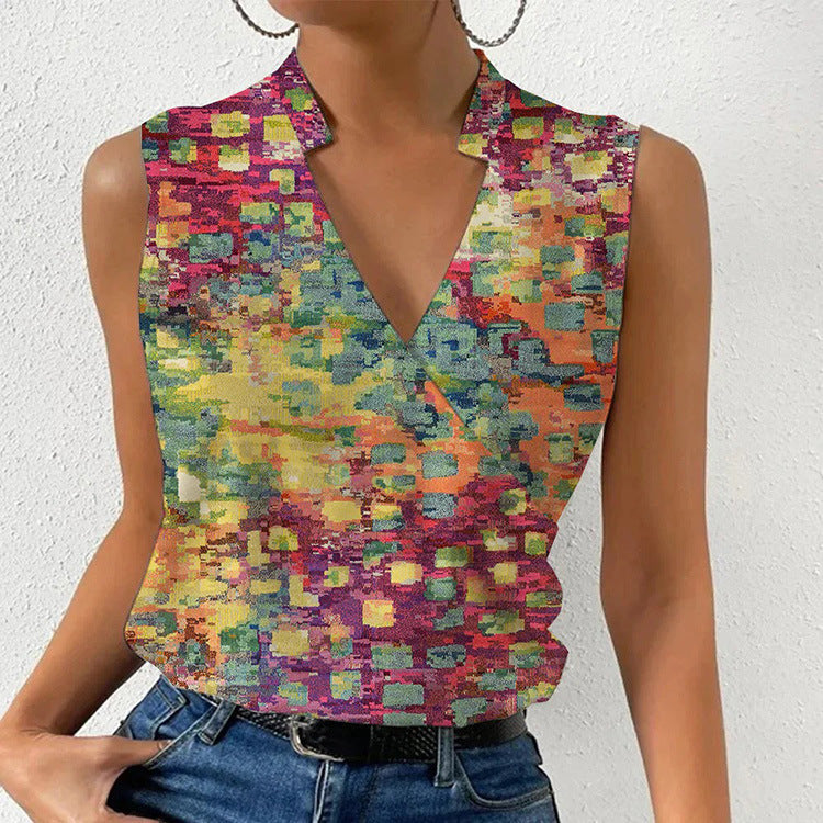 Women's leisure printed tops summer V-neck sleeveless T-shirt