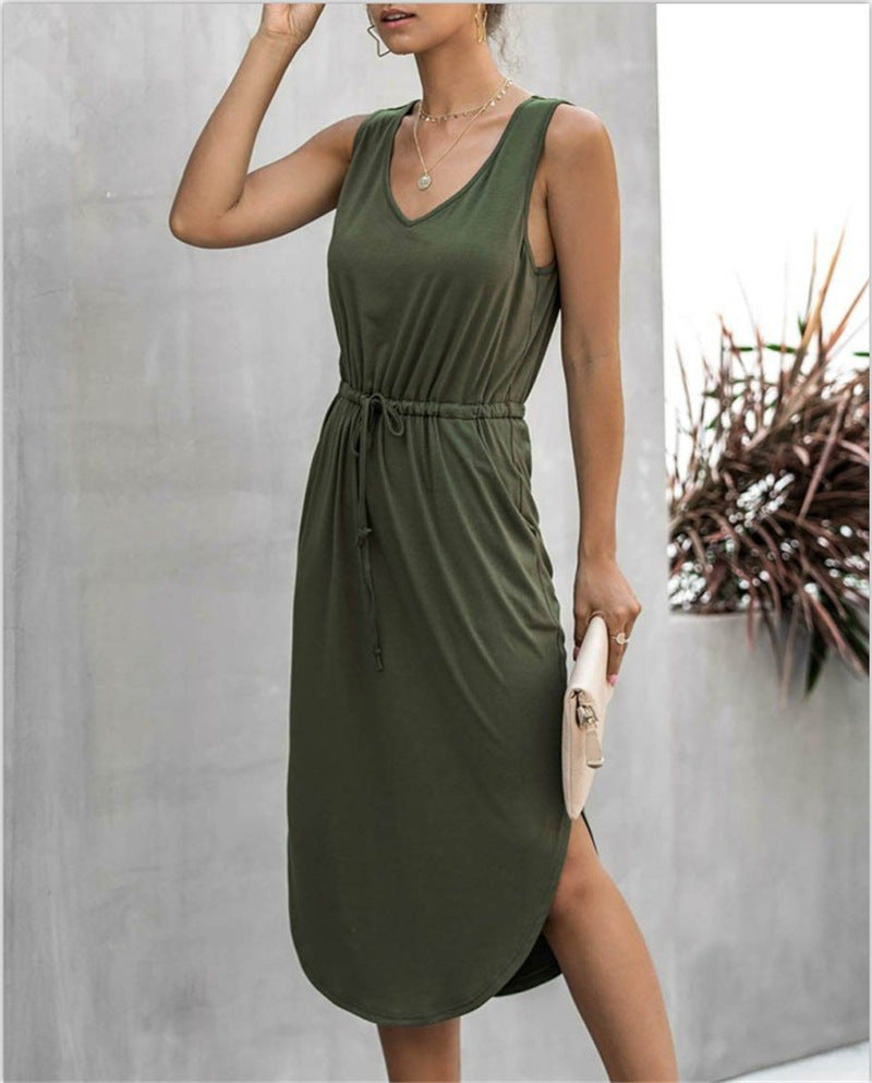 Women Irregular Cinched Round Neck Vest Dress