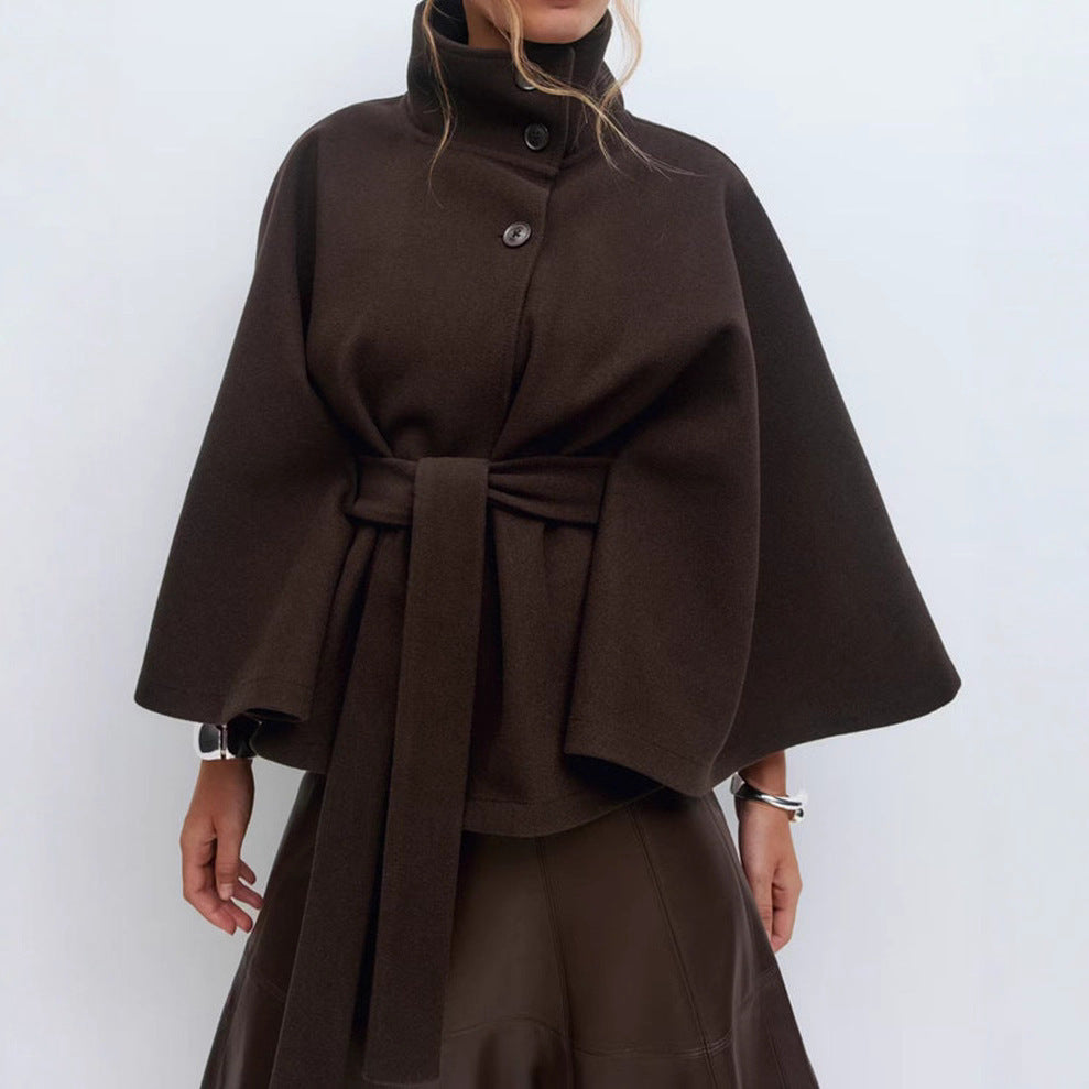 Damen Winter-Trenchcoat mit hohem Halsausschnitt, modischen Fledermausärmeln und Gürtel