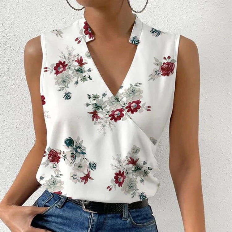 Women's leisure printed tops summer V-neck sleeveless T-shirt