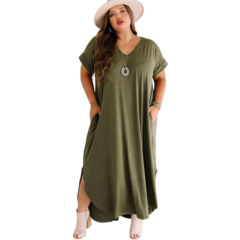 Women Short Sleeve Loose And Simple V-neck Dress