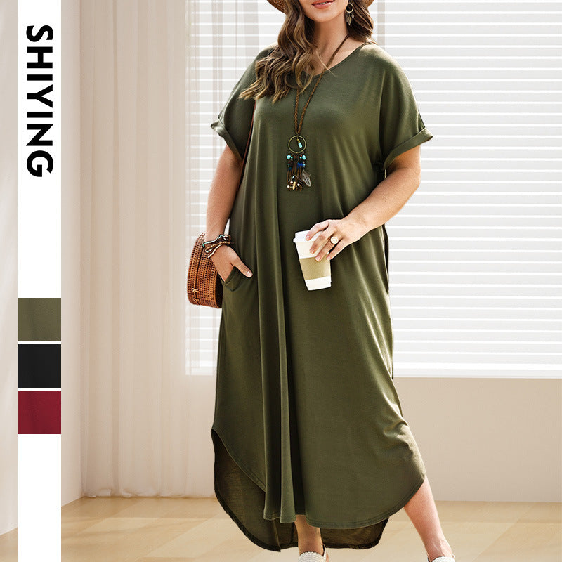 Women Short Sleeve Loose And Simple V-neck Dress