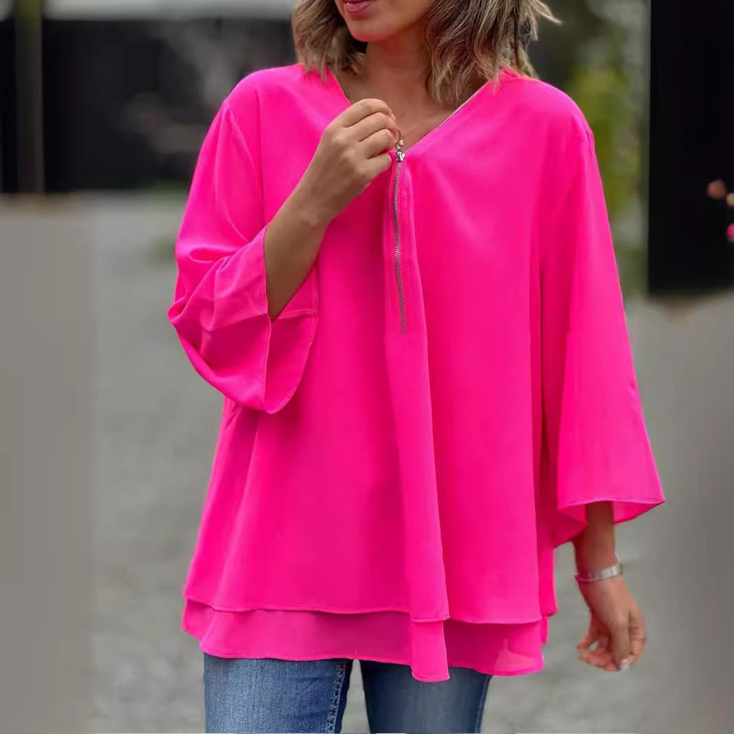 Women's V-neck 34 Sleeves Casual Chiffon Top Metal Loose Zip