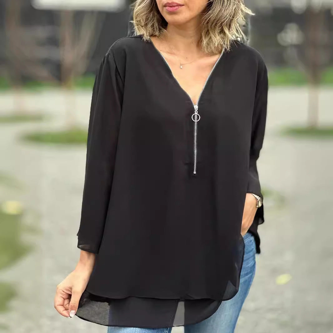 Women's V-neck 34 Sleeves Casual Chiffon Top Metal Loose Zip