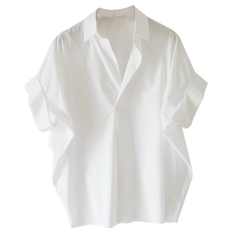 Women's Summer Cotton White Shirt Loose Batwing Sleeve Collar Shirt