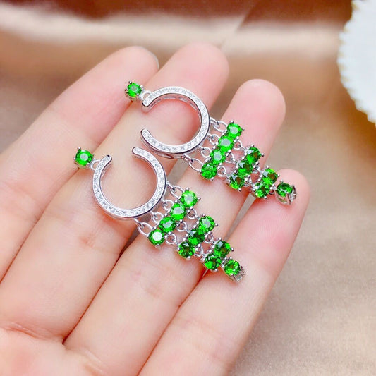 Women's Natural Russian Diopside Earrings Crystal Transparent Full Body S925 Silver