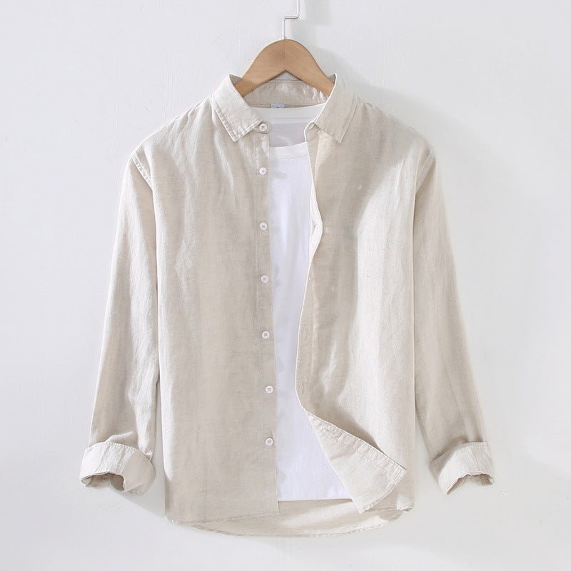 Men Spring And Summer Men's Linen White Long-sleeved Shirt