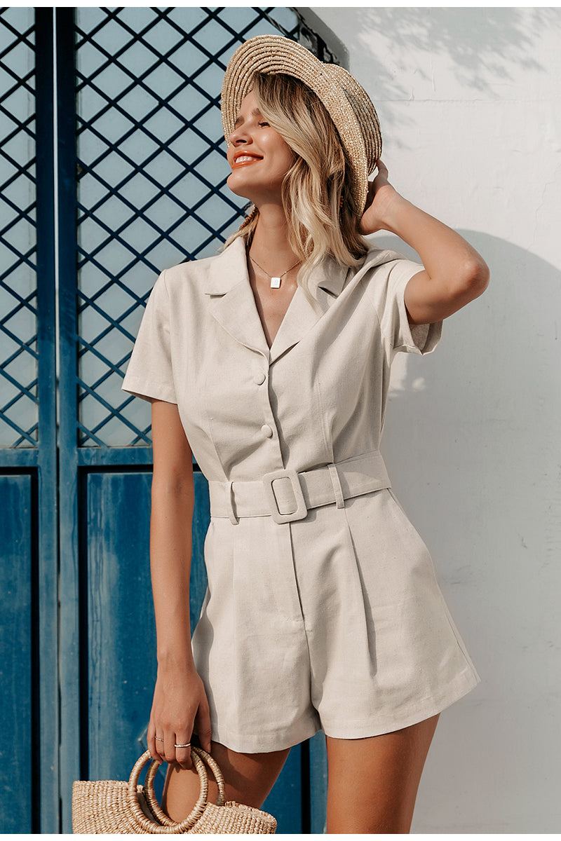 Women's Casual Style Button Short-sleeved One-piece Suit With Collar And Belt Short Jumpsuit