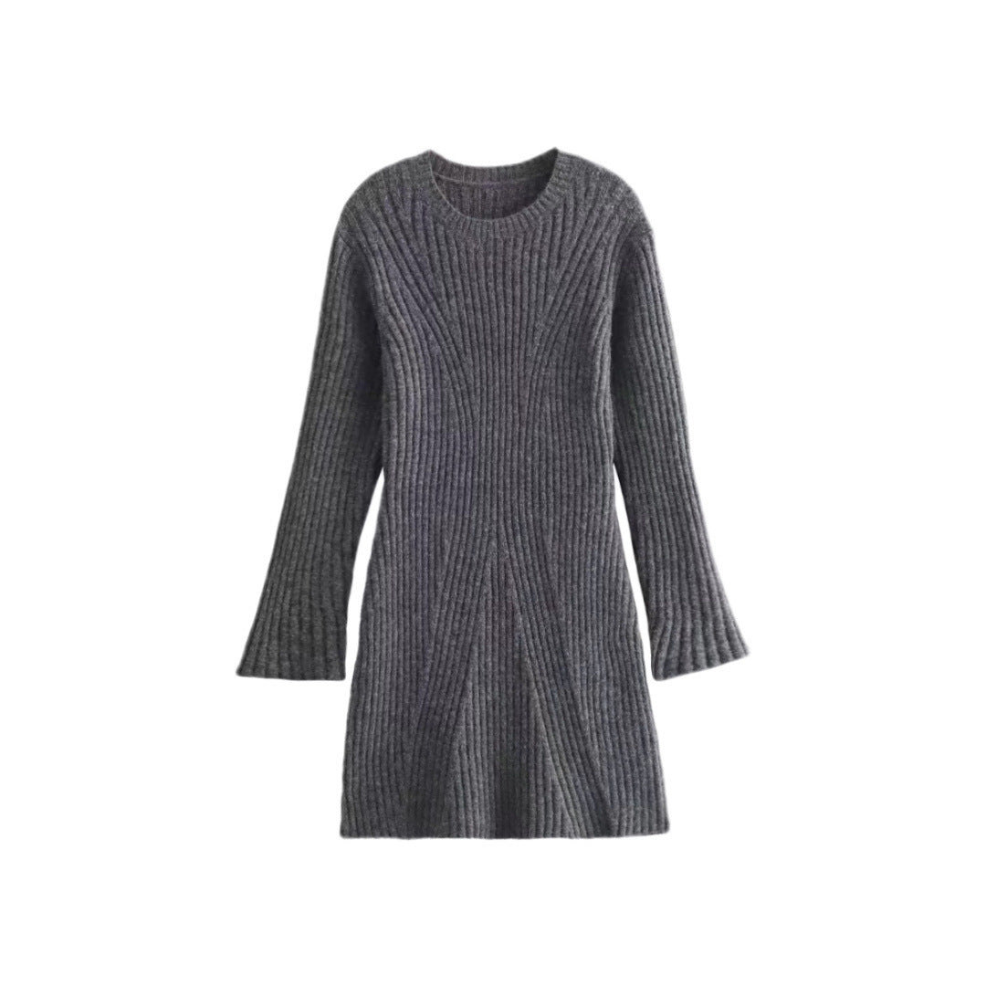 Women's Fashion Solid Ribbed Knitted Dress Fall And Winter Slim-fit Stand-up Collar A-line Dressed