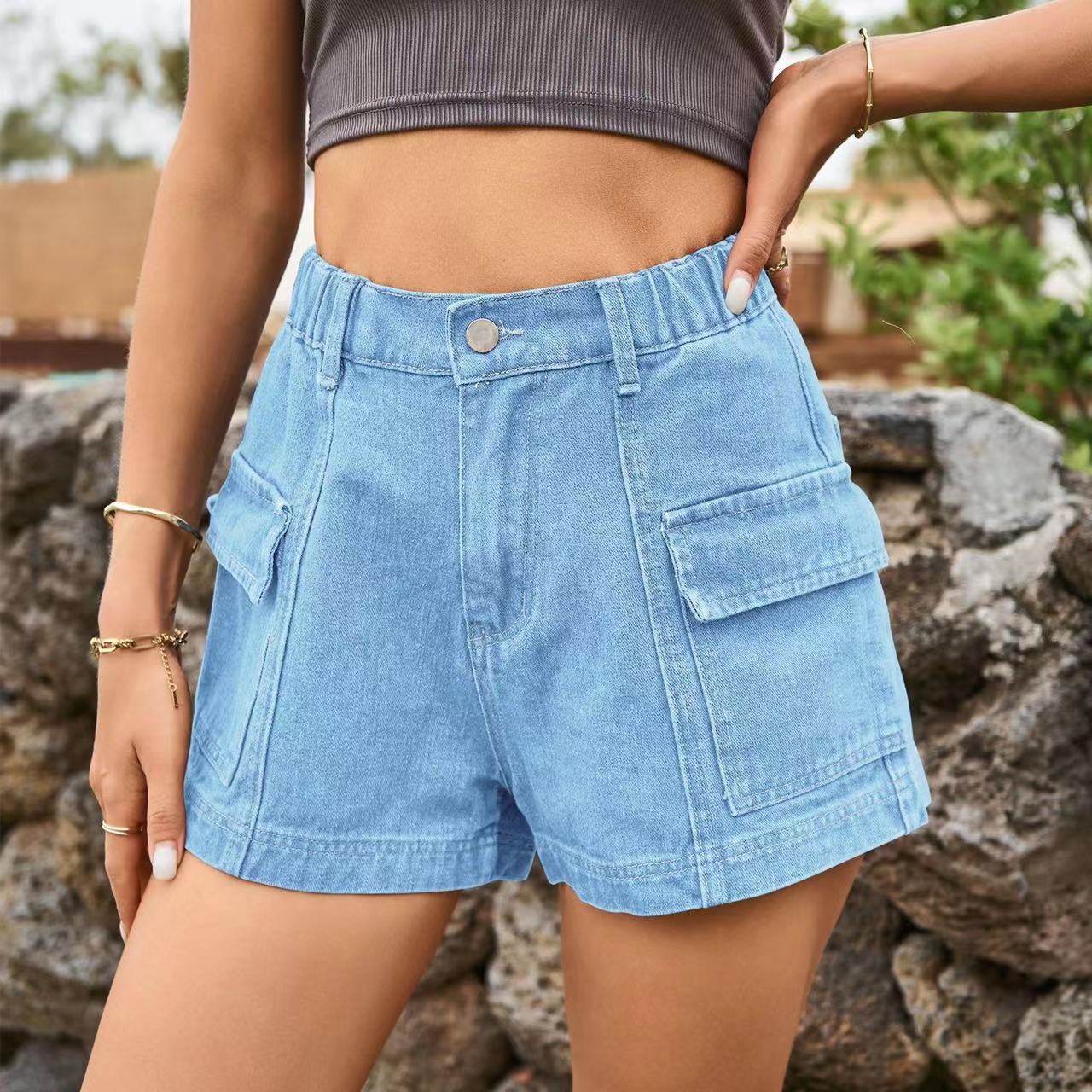 Modische einfarbige Denim-Cargohosen-Shorts für Damen