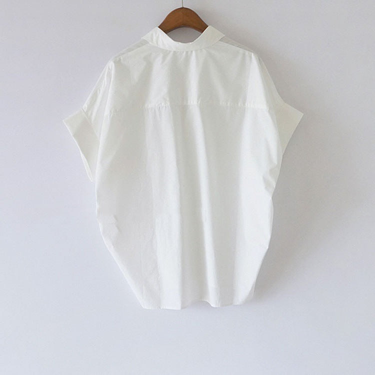 Women's Summer Cotton White Shirt Loose Batwing Sleeve Collar Shirt