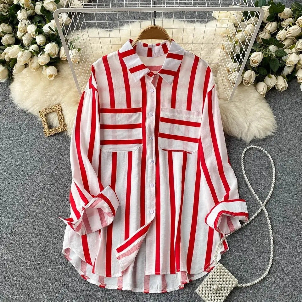 Women's Mid-length Vertical Stripes Multi-color Shirt Coat Casual Loose Top