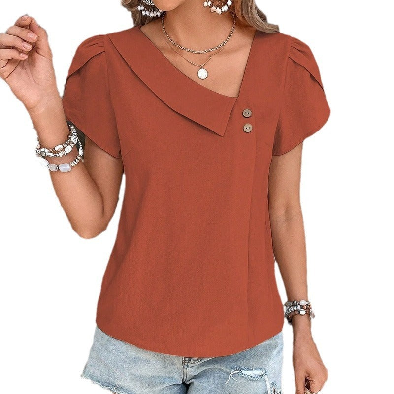 Women Small Diagonal Collar Solid Color Washed Cotton Top