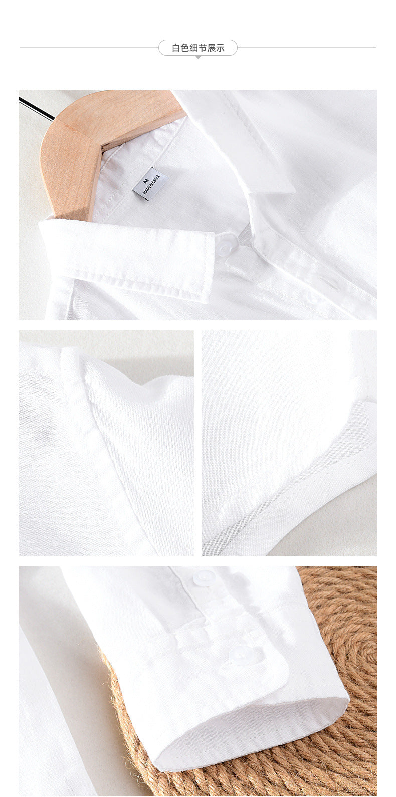 Men Spring And Summer Men's Linen White Long-sleeved Shirt