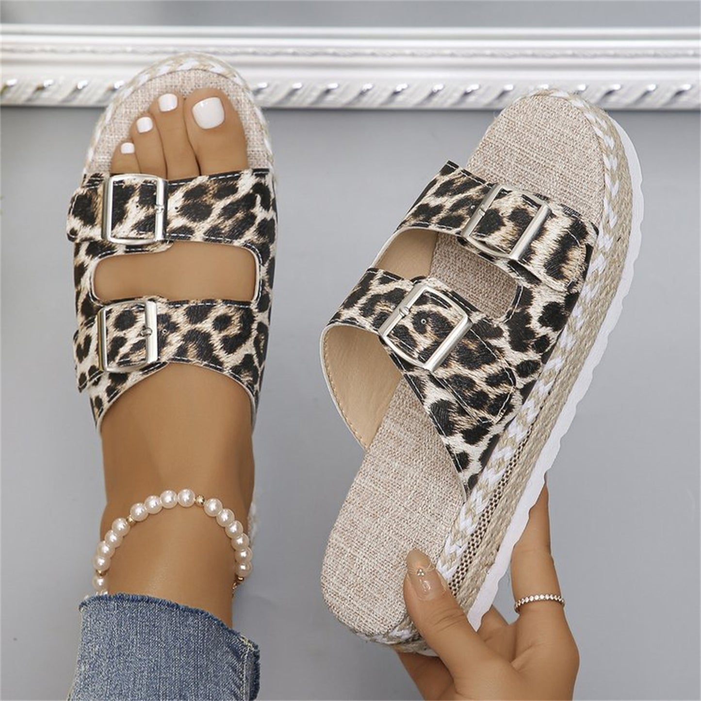 Women Summer Shoes Leopard Print Flat Sandals Hemp Sandals With Thick Soles