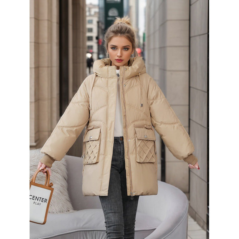 Women's Winter Warm Hooded Coat With Pockets Fashion Solid Color Thicken Straight Cotton Jacket