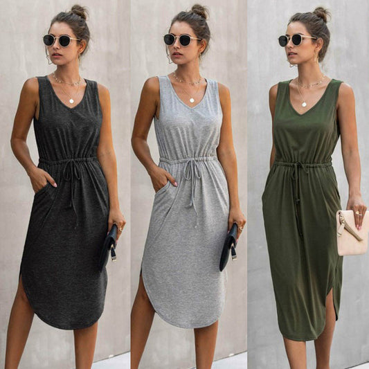 Women Irregular Cinched Round Neck Vest Dress