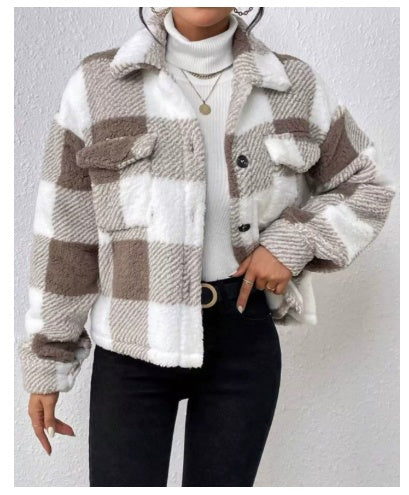 Damen doppelseitige Plüsch Patch Pocket Button Cardigan Casual Top Jacke 