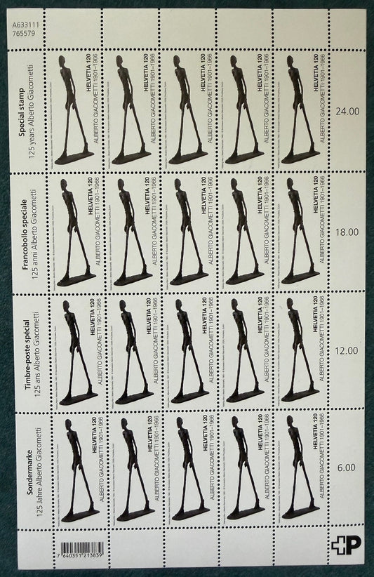 Briefmarken CHF 1.20 «125 Jahre Alberto Giacometti», Bogen mit 20 Marken ** Postfrisch