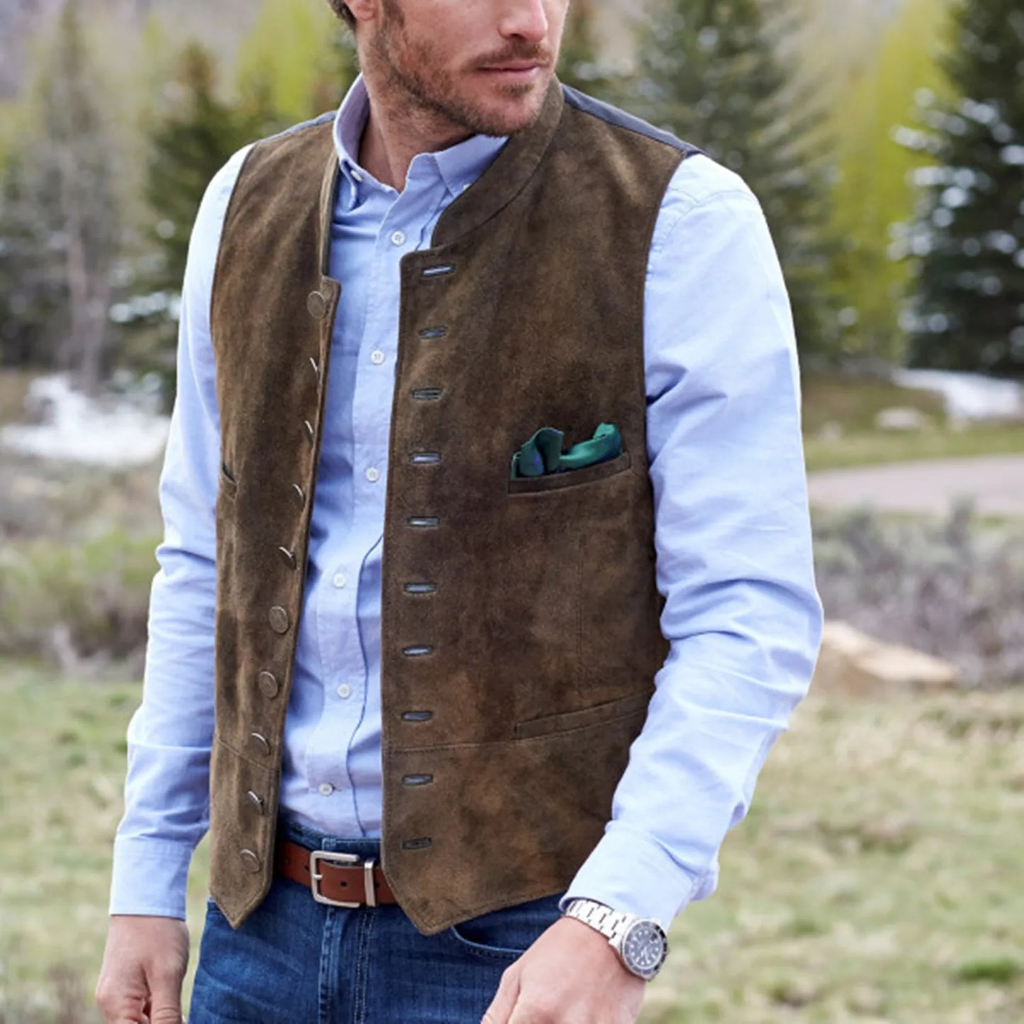 Gilet de costume en daim pour hommes, gilet décontracté de Style Steampunk, col rond, simple boutonnage, sans manches