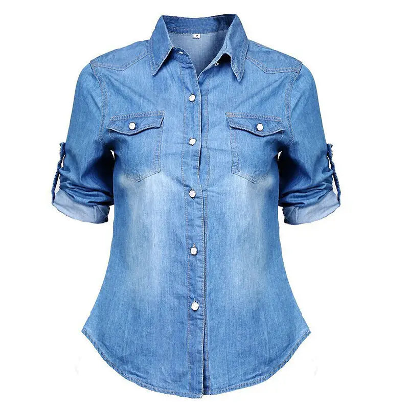 Mode d'été femmes décontracté hauts à manches longues doux Jean Denim chemise à manches longues hauts chemisier vestes Femenino Camisas De Mujer