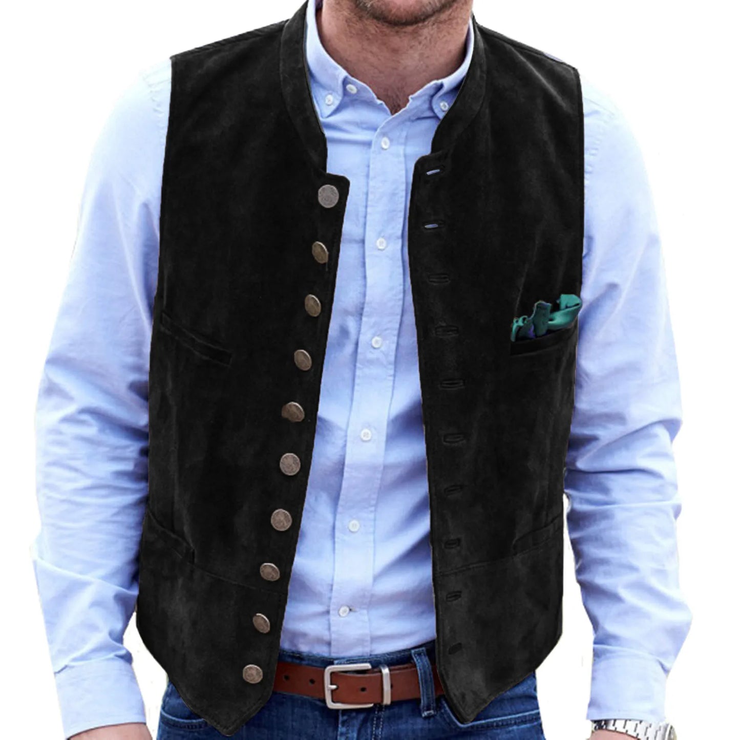 Gilet de costume en daim pour hommes, gilet décontracté de Style Steampunk, col rond, simple boutonnage, sans manches