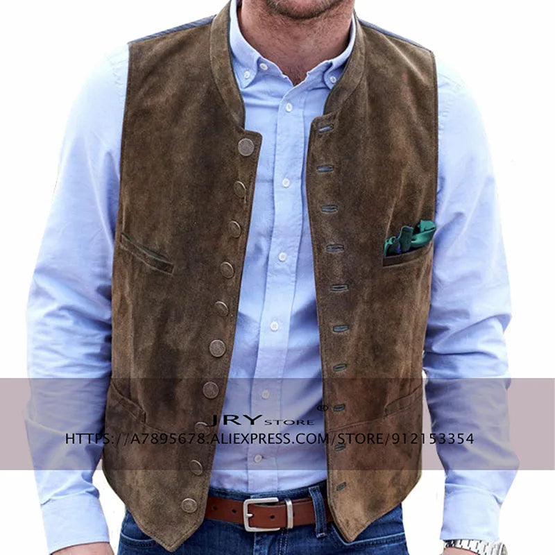 Men's Vest Suede Suit Vest Casual Steampunk Style Waistcoat Round Neck Single Breasted Sleeveless