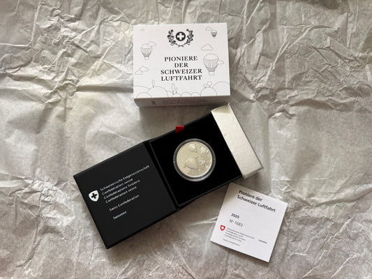 secondhand, Münze 2025, Swissmint,  20 Franken Silber PP Pioniere der Schweizer Luftfahrt Box