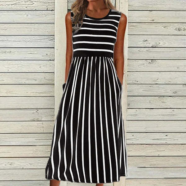 Women Dress Striped Printed Round Neck Sleeveless Pocket