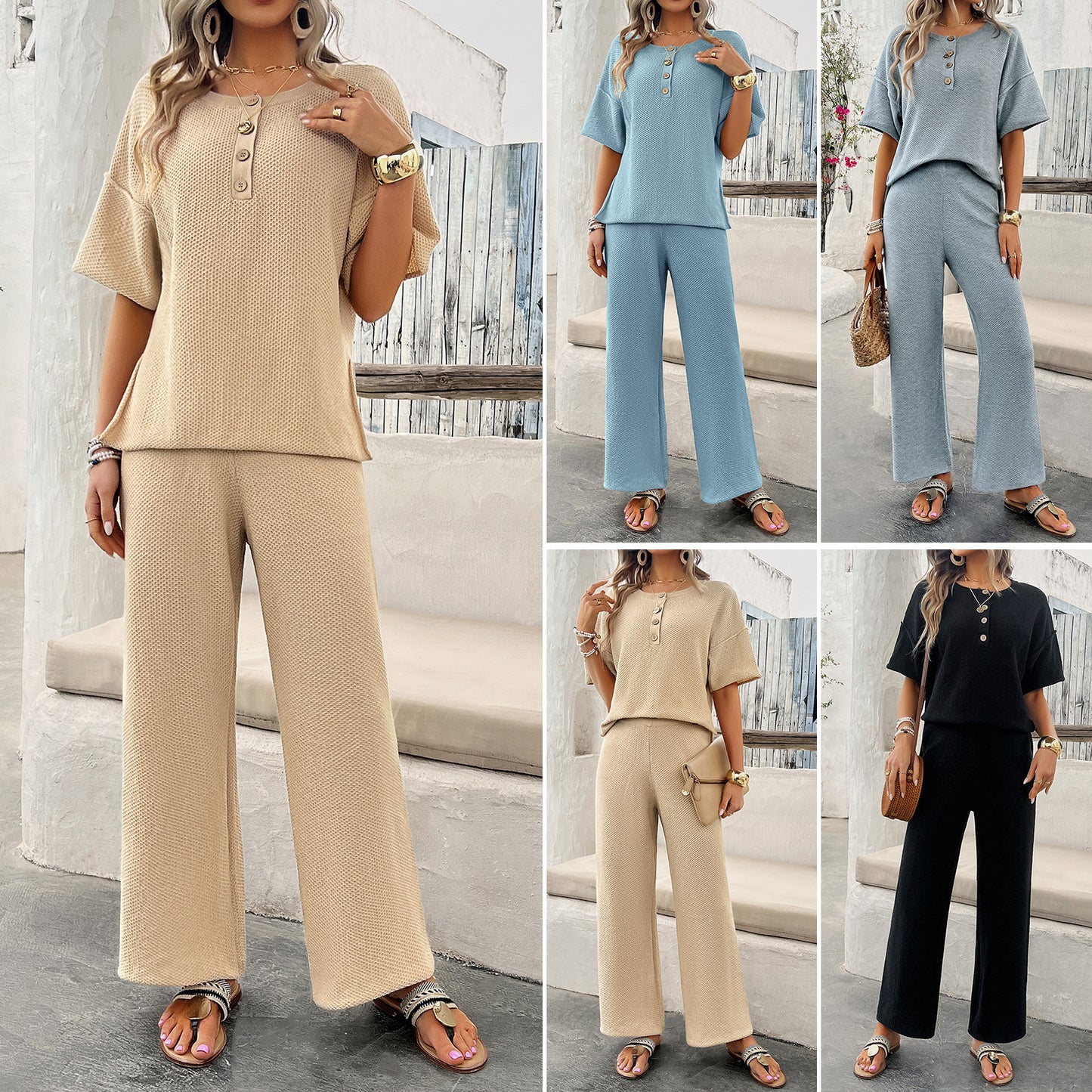 Women's solid color knitted short sleeve trousers set