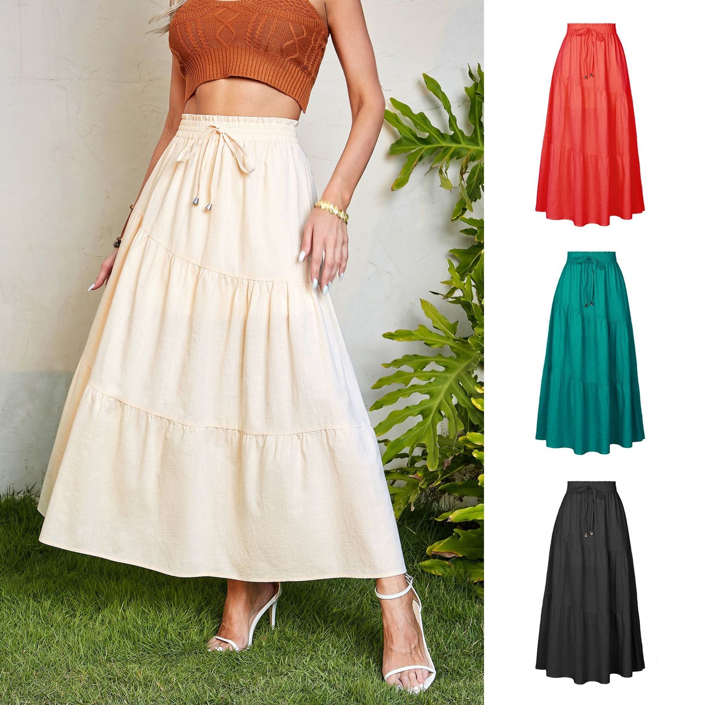 Women's High Waist Long Skirt Elastic Waist