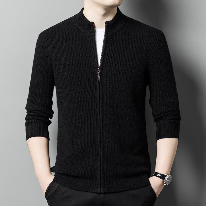 Men Casual Solid Color Stand Collar Zipper Knitted Cardigan