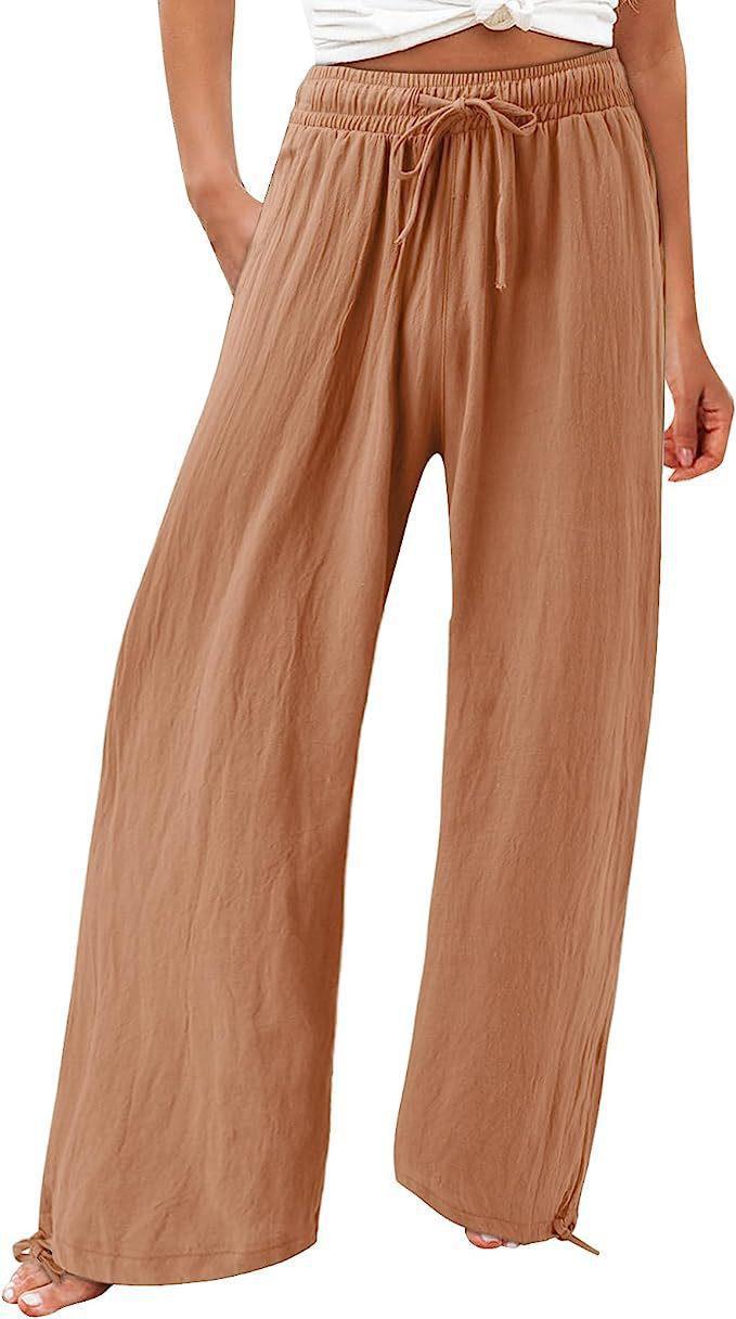 Damen-Strandhose mit weitem Bein aus Baumwolle und Leinen, Freizeithose