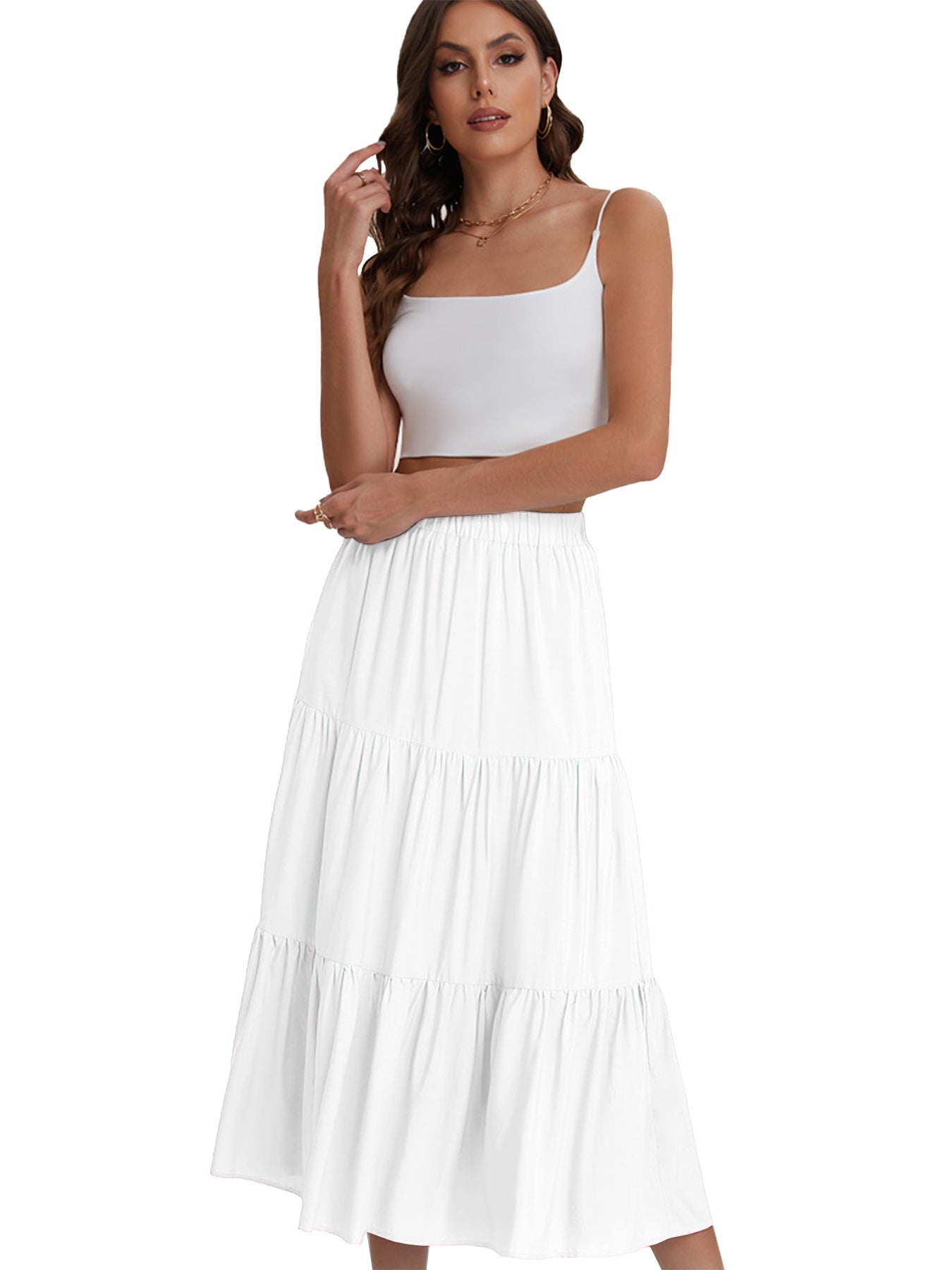 Women's Elastic High Waist Long Skirt Drawstring A- Line