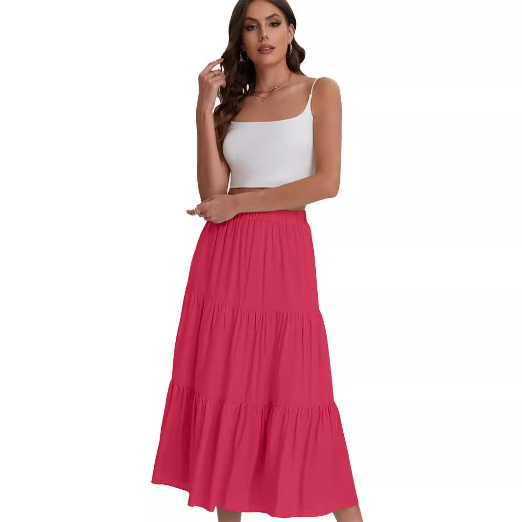 Women's Elastic High Waist Long Skirt Drawstring A- Line