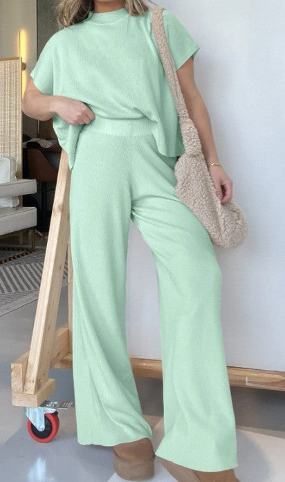 Women's Solid Color Knitted Crew Neck Casual Suit