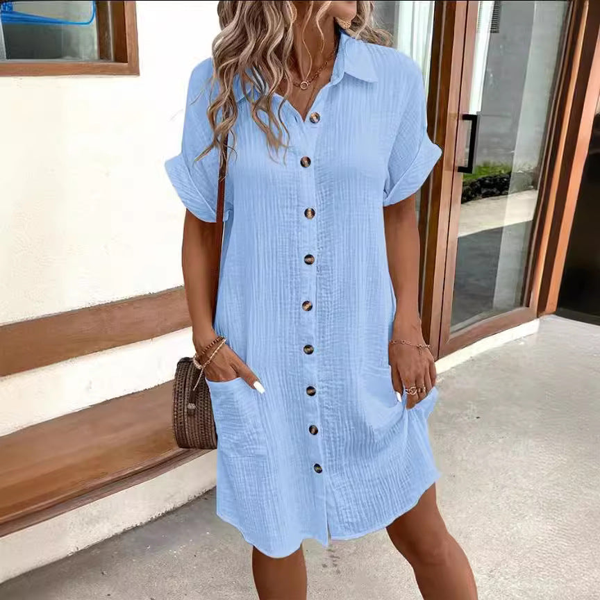 Women's Solid Color Single-breasted Mid-length Short Sleeve Loose Dress