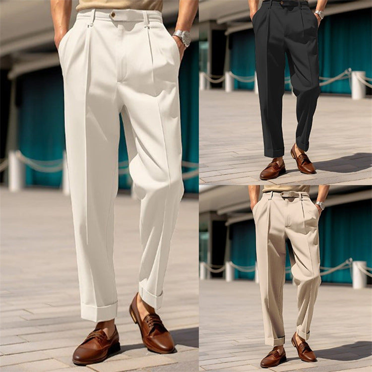 Men's formal wear with medium waist button straight, simple, comfortable suit trousers